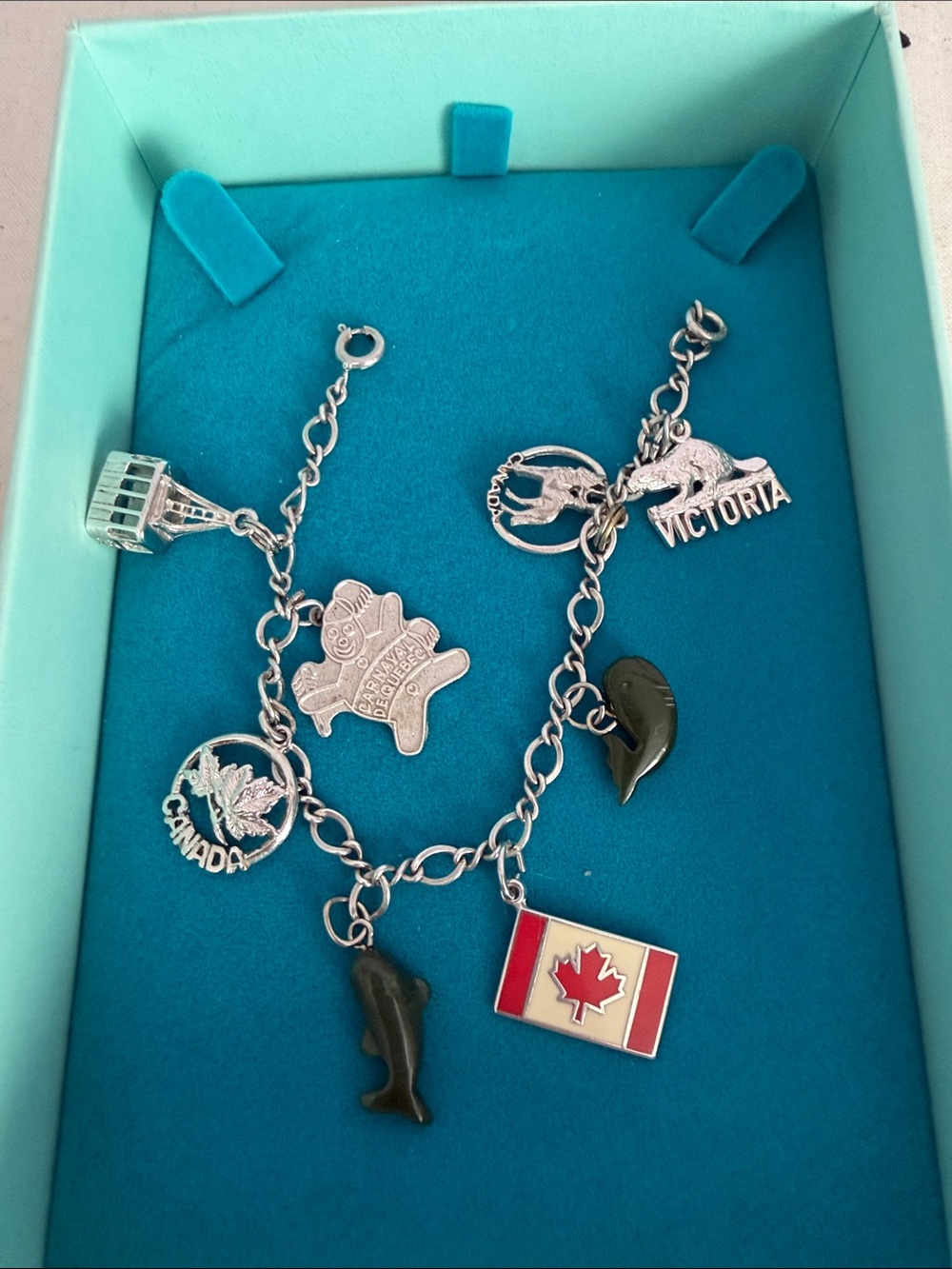 Silver 925 Canada Charm Bracelet with Red and White Maple Flag, Jade Whale